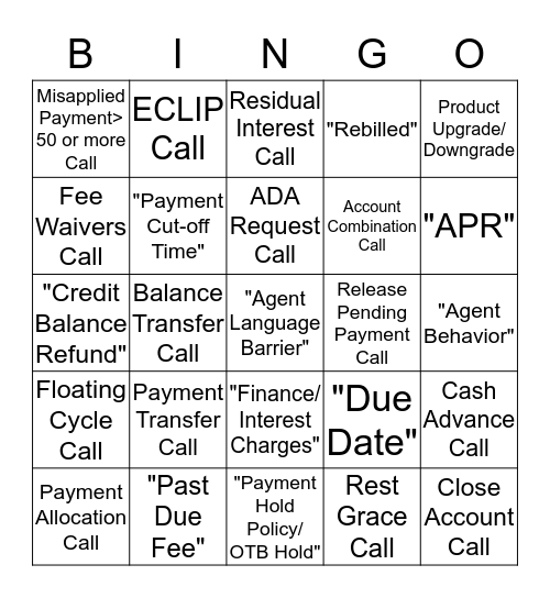 Subtopic Complaint Tracker / Common Call Types  Bingo Card