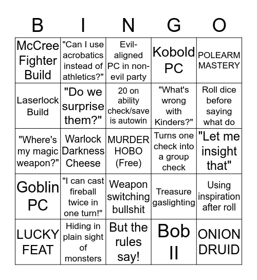 Bad Things Players Do Bingo Card