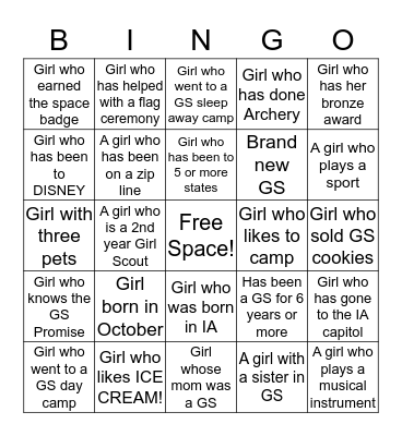 Girl Scout (GS) get to know you BINGO Card