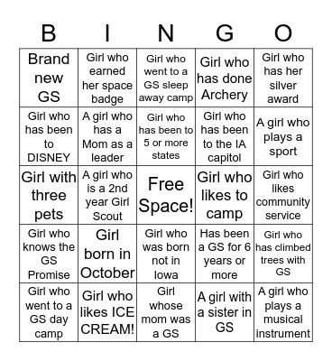 Girl Scout (GS) get to know you BINGO Card