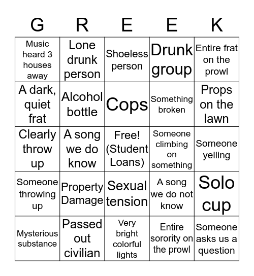 Greek Bingo Card