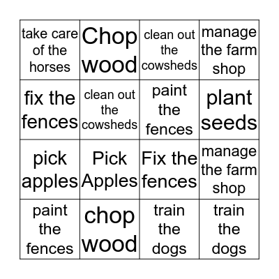 farm tasks Bingo Card