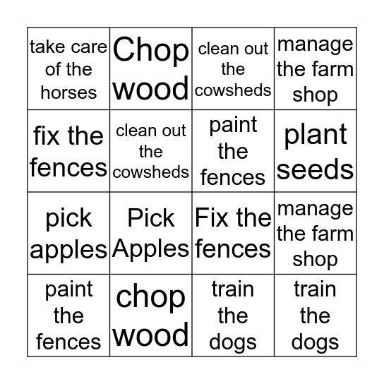 farm tasks Bingo Card