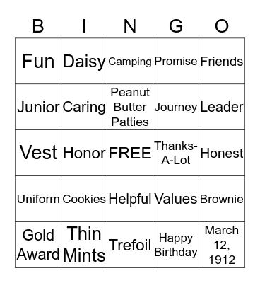 Girls Scout Bingo Card