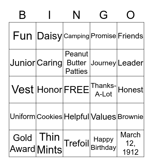 Girls Scout Bingo Card