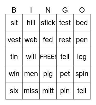 short e and i Bingo Card