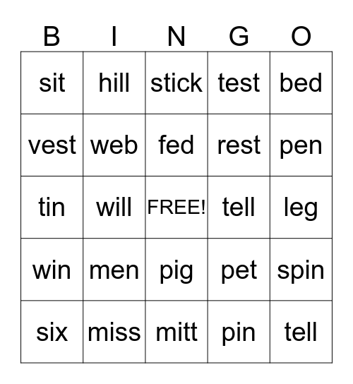 short e and i Bingo Card