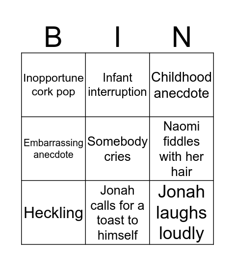 Wedding Speech Bingo Card