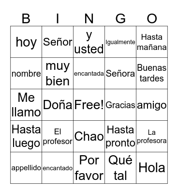 Spanish 1 Bingo Card