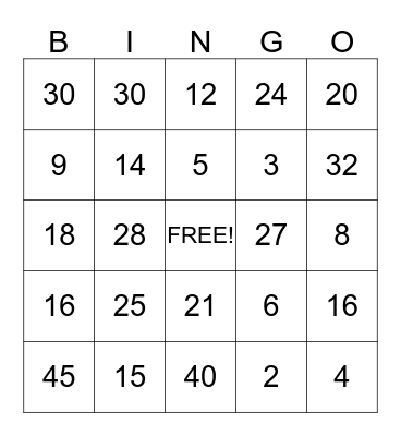 Math Facts - 2,3,4, and 5 Bingo Card