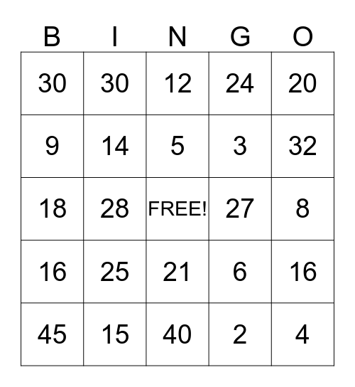 Math Facts - 2,3,4, and 5 Bingo Card