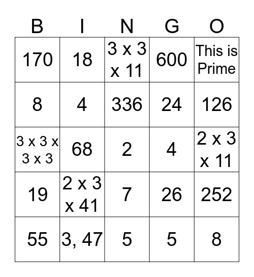 Factor Tree, LCM, GCF Bingo! Bingo Card