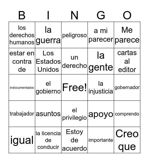 Spanish Noticias Bingo Card