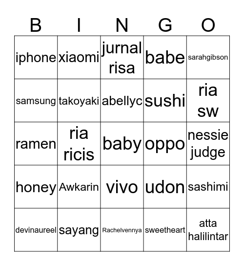 punya Pira Bingo Card