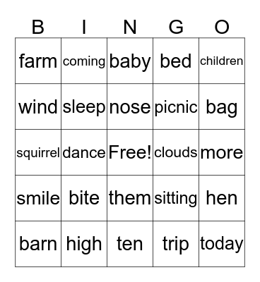 1st Grade Bingo Card