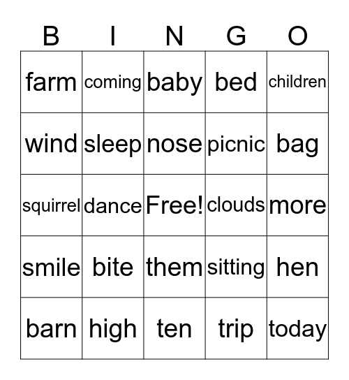 1st Grade Bingo Card