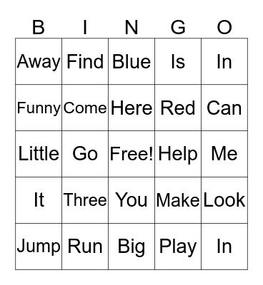 Sight Words Bingo Card