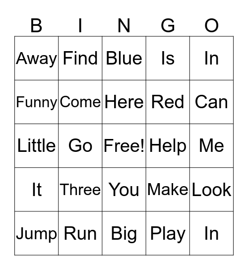 Sight Words Bingo Card