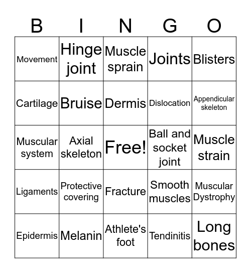 Integumentary, Skeletal, and Muscular Systems Bingo Card