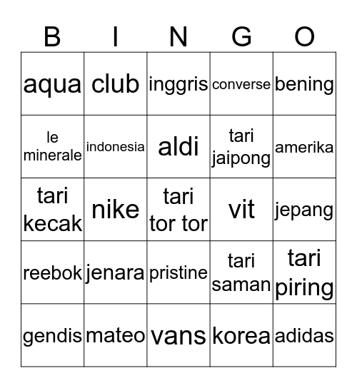 punya jenara canci Bingo Card