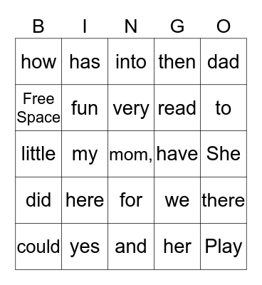 Sight Words Bingo Card