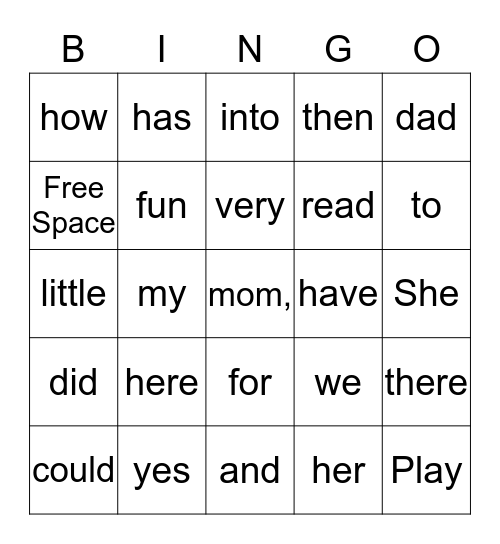 Sight Words Bingo Card