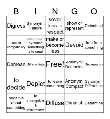 Vocab Quiz #4 Bingo Card
