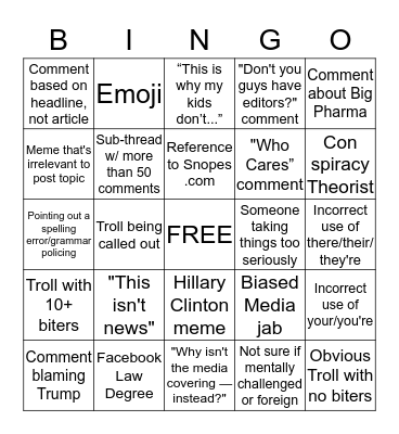 FACEBOOK COMMENT BINGO Card