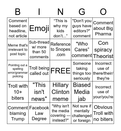 FACEBOOK COMMENT BINGO Card