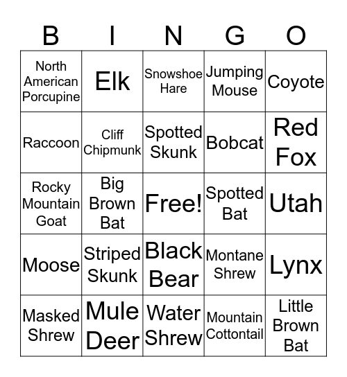 Utah Mammals Bingo Card