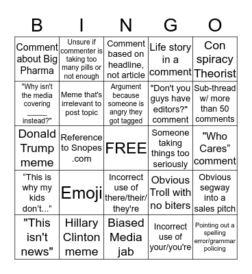 FACEBOOK COMMENT BINGO Card