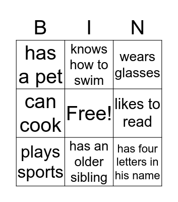 Getting to know you Bingo Card