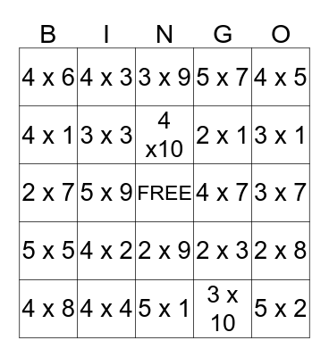 Math Facts 2,3,4 and 5 Bingo Card