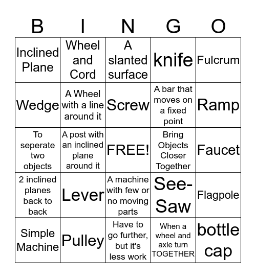 Simple Machines Bingo Card