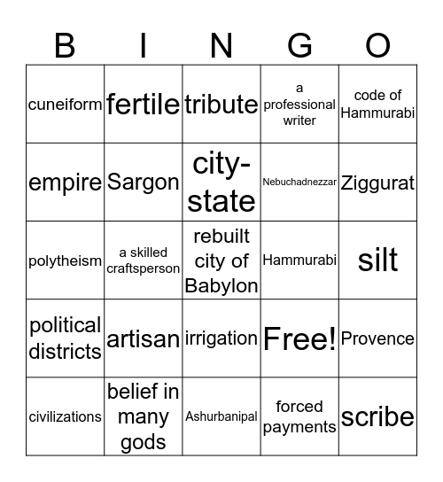 Mesopotamia Bingo Card