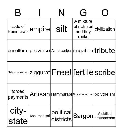 Mesopotamia Bingo Card