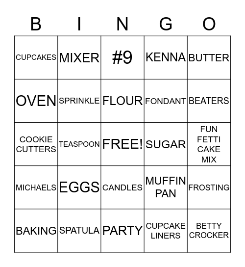 MCKENNA'S 9TH BIRTHDAY BAKERS BINGO Card