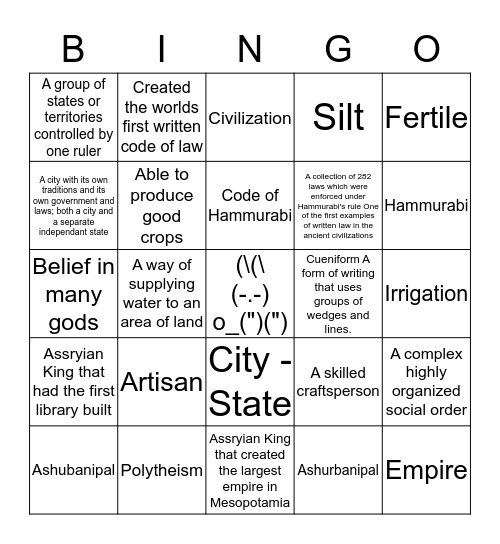 Social Studies - Mesopotamia Bingo Card