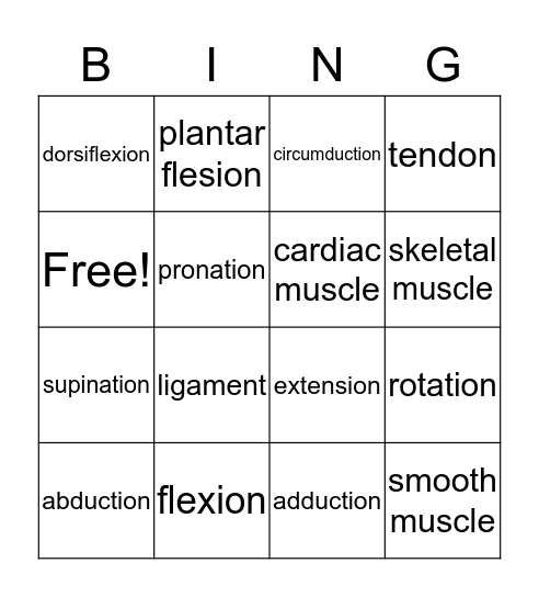 Muscle Movement Bingo Card