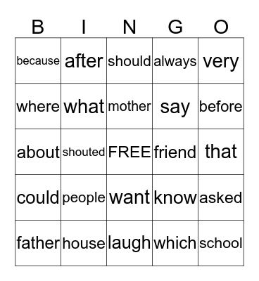 Sight Word Bingo Card
