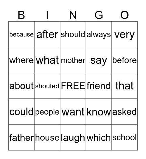 Sight Word Bingo Card