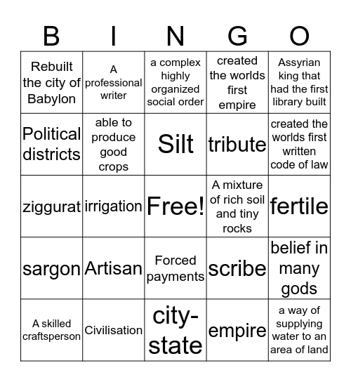 Mesopotamia Vocab Bingo Card
