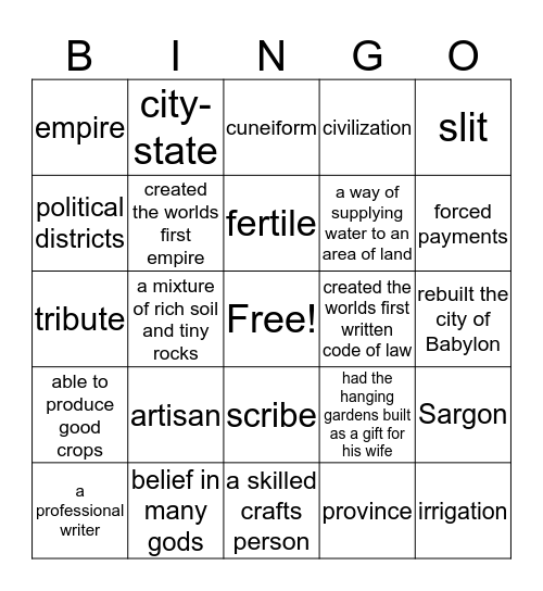 Mesopotamia bingo Card