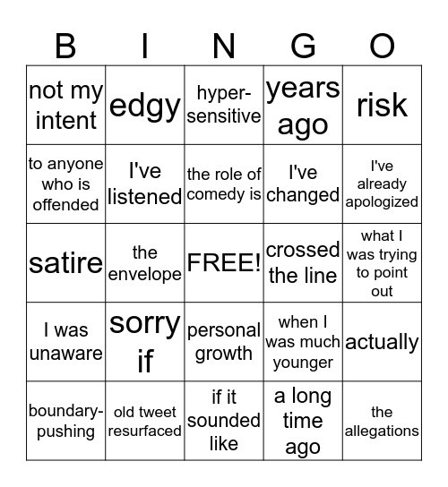 Bad Apology Bingo, Comedian Edition Bingo Card