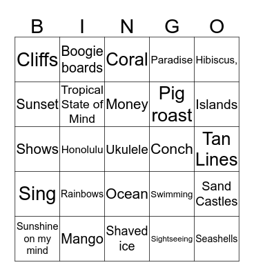 Tropical Bingo Card