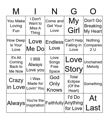 Love Songs Bingo Card