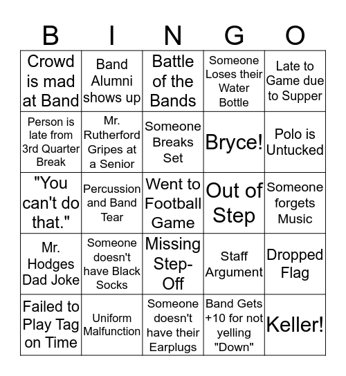 Football Game Band Bingo Card