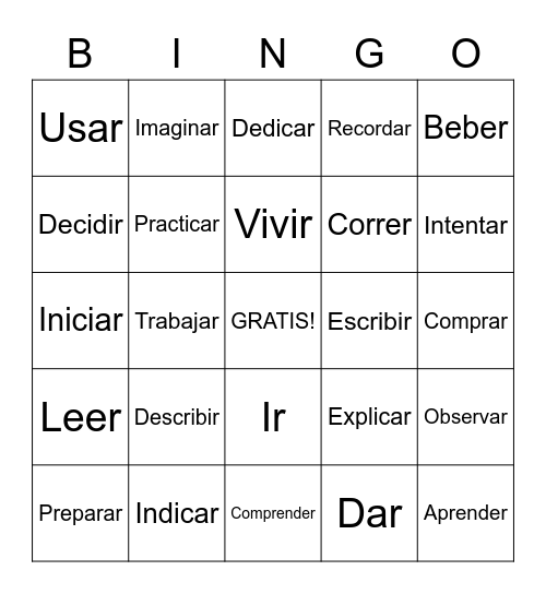 Infinitive verbs bingo Card