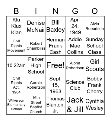 Carole Robertson Bingo Card