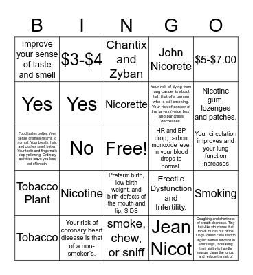 Smoking Cessation Bingo Card